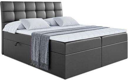 ALTDECOR Boxspringbett mit Multipocket-Matratze H4 (20 cm hoch) mit Kokosmatte, Kunstlederbett, Topper (4 cm hoch), Polsterbett mit Kopfteil und Bettkasten - APO - 180x200 Schwarz Kunstleder