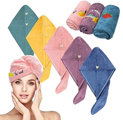 Sporgo 5 Stück Haarturban Kopfhandtuch, Turban Handtuch mit Knopf, Mikrofaser Haarturban Super Saugfähig Schnelltrocknendes Handtuch Haare Haarhandtuch für Damen Kinder Alle Haartypen