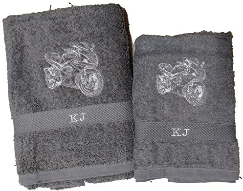 Handtuch Duschtuch, Set, Motorrad Baumwolle bestickt, personalisiert (2er SET 50x100, 70x140, blau)