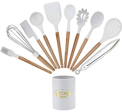 Tyenaza 11 Piezas Utensilios de Cocina de Silicona, Kit de Utensilios de Cocina de Silicona de Blanco, Mango de Madera Natural, Espátula, Cuchara, Utensilios de Cocina, Juego de Utensilios de Cocina