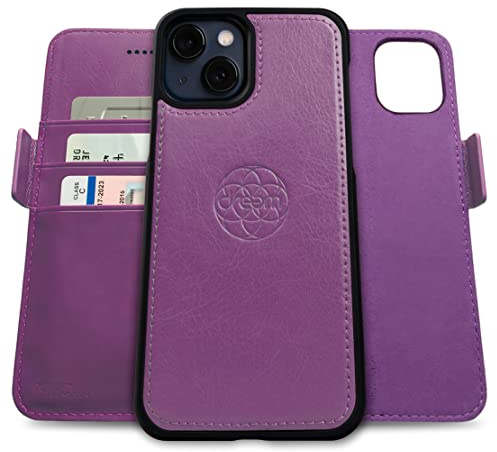 dreem Vegan Leather Magnetic Detachable Wallet Case for iPhone 13 Purple | Built-in Phone Stand, RFID Blocking Card Holder Flip Cover, MagSafe Compatible, Gift Box [Fibonacci: Purple]
