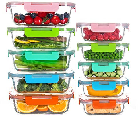 HAKEEMI Lot de 10 boîtes de conservation en verre hermétiques avec couvercles, passent au micro-ondes et au lave-vaisselle, 5 couleurs