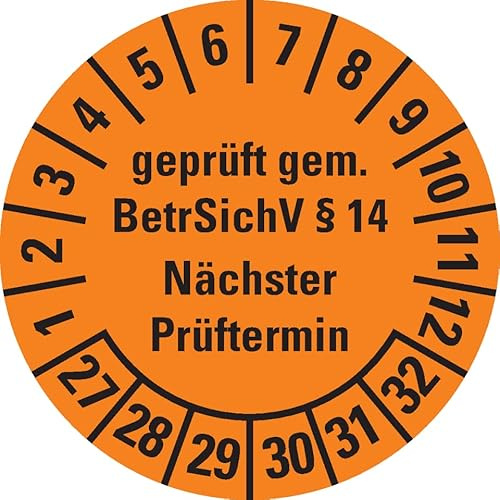 Dreifke® Prüfplakette geprüft gem. BetrSichV §14,27-32,orange,Dokumentenfolie,Ø30mm,18 St/Bogen
