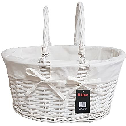H-LINE White Oval Traditional Split Willow Shopping Basket with Folding Handles Vintage Storage Wicker Christmas Hamper