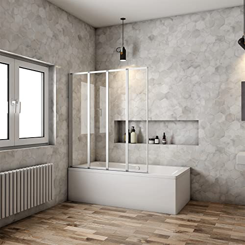 Mampara Ducha para Bañera - 4 Hojas Plegables - Vidrio Templado 4mm - Perfil Blanco/Gris Mate - (990-1000) X1400mm