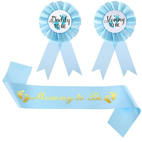 3 Stück Mum to Be Und Daddy to Be Abzeichen Pin Babydusche Schärpen Set Mommy to Be Schärpe Für Schwangerschaft Babyparty Deko Baby Willkommensparty Accessoires Geschenke (Blau)
