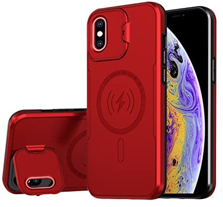 S. Dawezo Magnetische Hülle für iPhone X mit Magsafe, integrierter Kamera Ringständer Handyhülle, Stoßfest Panzerhülle Militär Robust Duty Standfunktion Handyhülle für iPhone X -Rot