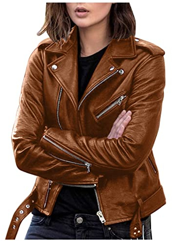 EMUKFD Giacche in pelle da donna in finta moto taglie forti cappotto da motociclista corto leggero vegano in pelle sintetica alla moda aderente outwear con tasche con cerniera, Marrone, S