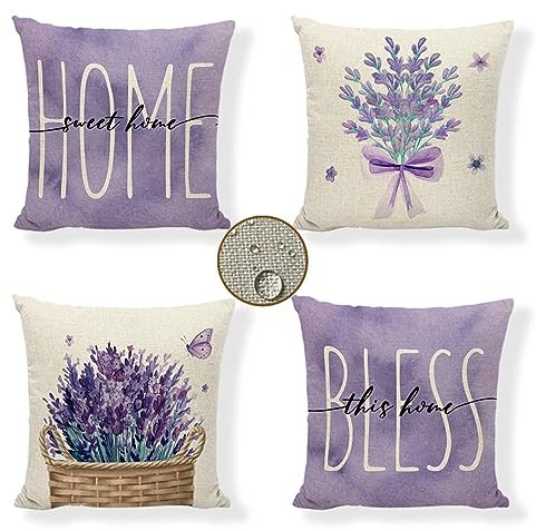 Kissenbezüge 55x55 cm 4er Set Lavendel Outdoor Kissen Lila Sofakissen Dekokissen Kopfkissen Wasserfest Linen Zierkissen Quadratische Kissenhülle für Gartenmöbel Sofa Bett Auto Terrasse Schlafzimmer