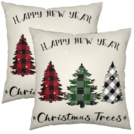 Wnoesat Set di 2 federe per cuscini con albero di Natale, 45 x 45 cm, motivo a quadri di bufalo, con scritta Happy New Year, invernali, per divano, patio