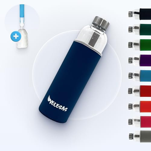 Velesas Botella 1l | 500ml con funda protectora | Botella de cristal de 1l de neopreno y tapa de acero inoxidable | Botella de agua para la escuela, las actividades deportivas, sin BPA | Azul