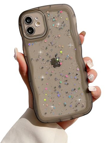 ZTUOK Compatible with iPhone 11 Case for Girls Women,Cute Clear Sparkly Bling Star Design Curly Simple Wave Case Shockproof Protective Slim Soft TPU Glitter Cover for iPhone 11-Black