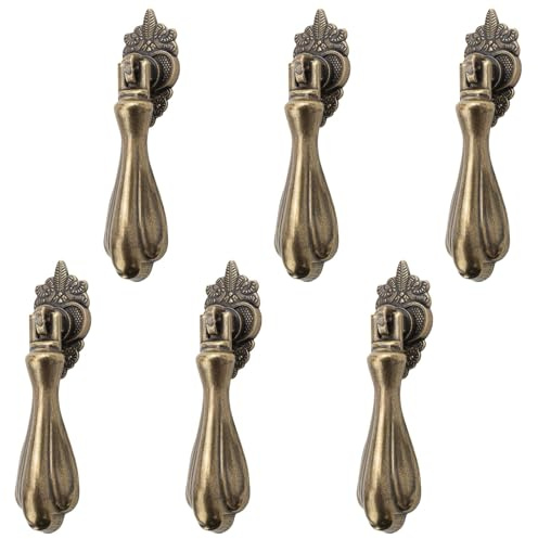 Decornaddecor Dixie Antique Copper Brass Vintage Traditional Retro Teardrop Pull Swing Ring Cabinet Door Knobs (Antique Brass, 6 Pack)