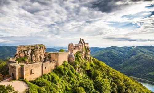 adrium Poster-Bild 130 x 80 cm: Beautiful landscape with Aggstein castle ruin and Danube river at sunset in Wachau, Austria (30055345)