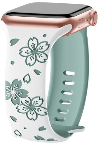 AMSKY Flower Band Kompatibel mit Apple Watch Armband 40mm 46mm 41mm 38mm 42mm 45mm 44mm Damen, Graviert Silikon Armbänder mit Blumen Floral Muster Kompatibel mit iWatch Armband Se 10 9 8 7 6 5 4 3 2 1