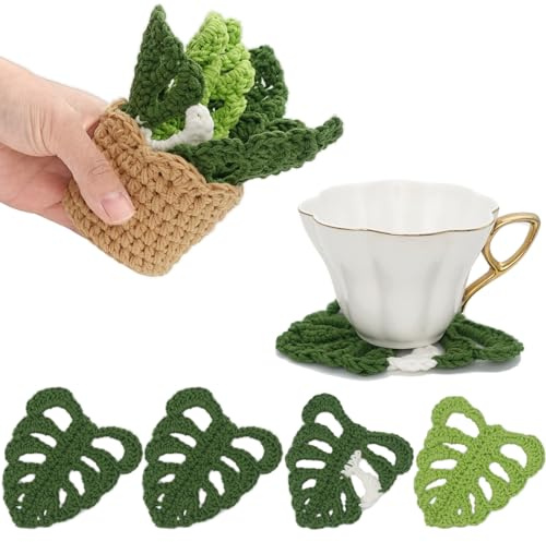 DICHA Monstera Häkeluntersetzer mit Blumentopf-Behälter, Getränkeuntersetzer-Sets mit Halter, Bar-Untersetzer für Getränke, Couchtisch, Schreibtisch, Sukkulenten-Untersetzer, 5er-Set