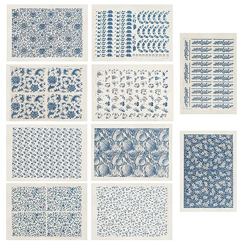 WEBEEDY 10 Stile Unterglasur-Transfers Keramik-Abziehbilder Blaues Thema Porzellan-Keramik-Ton Glasur-Transferpapierbögen Für Töpferkunst Überglasur-Emaille-Aufkleber Wasserrutsch-Aufkleber, 52x37.5cm