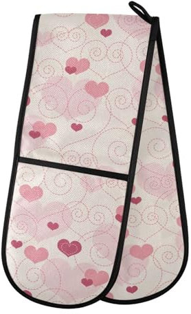 Mnsruu Double Oven Gloves Lovely Pink Heart Heat Resistant Pot Holder Oven Mitt Gloves for BBQ Cooking Baking Grilling Microwave