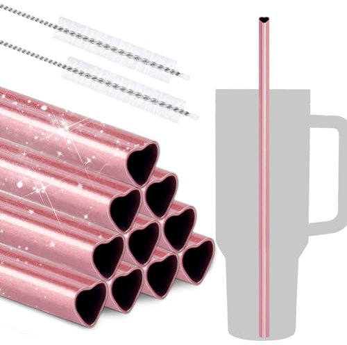 NiHome 12-Inch Heart-Shaped Stainless Steel Drinking Straws for Stanley Tumbler 40oz 10-Pack with 2 Cleaning Brushes, Reusable for Hot & Cold Drinks, Dishwasher Safe, Safe Edges for Kids (Pearl Pink)