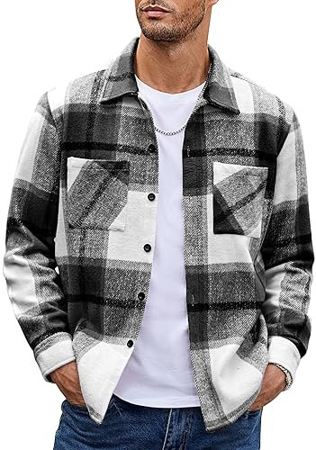 COOFANDY Mens Flannel Shirt Jacket Long Sleeve Casual Checked Overshirt Plaid Jacket for Men with Pockets Black XXL