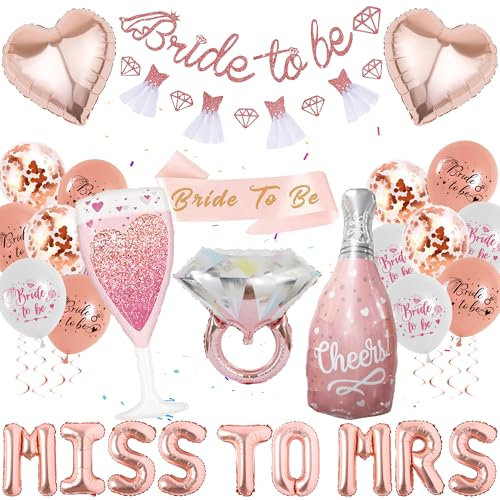 Rose Gold Hen Party Decorations - 49 Pieces Wedding Decoration Bride to Be Miss to Mrs Heart Shape Foil Balloons Champagne Glass Shape Diamond Ring Balloon for Bridal Shower Hen Night Party Decor