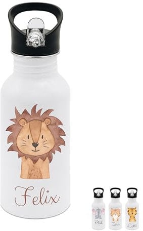 wunderwunsch® - Personalisierte Trinkflasche Kinder Edelstahl [ 500ml ] - Robuste Trinkflasche mit Namen - Wasserflasche mit Trinkhalm - Personalisierte Geschenke für Kinder (Löwe)