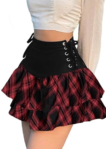 Jupe plissée à volants pour femme - Taille haute - Solide - Croustillant croisé - Style gothique, Patchwork à carreaux rouges Noir, XL