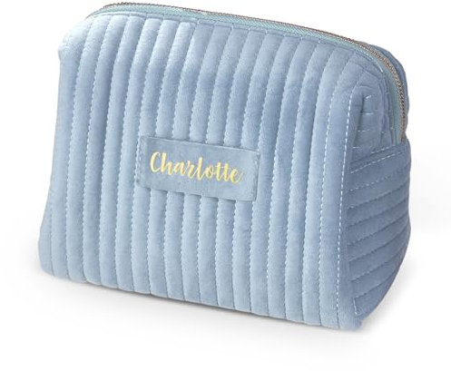 Beauty Kram - Personalisierte Kosmetiktasche mit eigenem Namen für Make Up und Reiseutensilien aus Premium Samt - Blau 22 x 16 cm