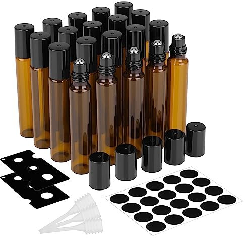 dusaniyali 20 Stück Ätherische Öle Roller Glasflaschen,10ml Roll on Flasche Leer 10ml Nachfüllbar Braun Rollon Flaschen mit Öffner Aufkleber Pipetten für Öle,Duftstoff,Kosmetika,Massagen