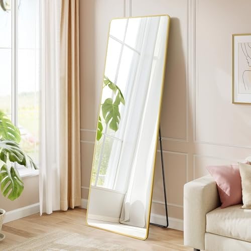 SONGMICS Ganzkörperspiegel, 160 x 50 cm, rechteckiger Standspiegel, Rahmen aus Aluminiumlegierung, Hartglas, für Schlafzimmer, Wohnzimmer, Garderobe, blassgold LFM030A01