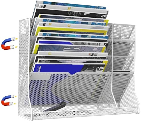 Magnetic File Organizer Wall Mount, 5 Tier Hanging Mail Organizer Folder Holder with R-shaped Bottom Tray, Magnetic Paper Document Magazine Rack with 4 Pen Holder for Office Home School (White)