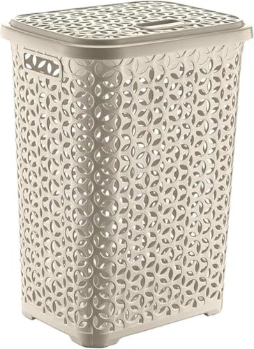 BH | Plastic Laundry Basket With Lid | 60 Liters | CREAM | 1 Pc | Large | Rattan Style | Clothes Storage Washing Bin Basket Hamper for Bathroom Bedroom (Pack of 1) - By BEST HOUSE