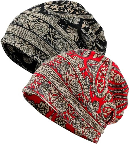 XYIYI Damen Mütze Chemo Hut Slouchy Kopfbedeckungen Kopf Wraps Krebshüte (2Stück Blume Cashew Schwarz Rot)