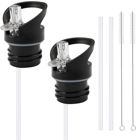 2 Pièces Noir Couvercle à Paille Rechange avec Paille et Brosse à Paille,Couvercle de Paille pour Hydrobouteille Bouche Standard,Bouchons sport Bouteille d'eau Accessoires,Bouchon Gourde Isotherme
