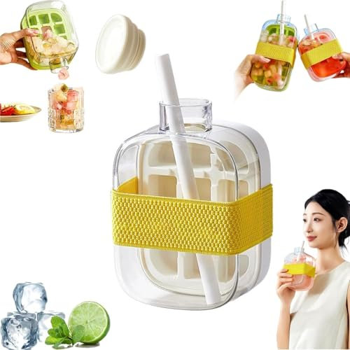 Ice Cube Bottle with Straw,2 in 1 Water Bottle Ice Cube Tray with Lid and Bin,Vertical Ice Cube Tray with Straw,One-Touch Ice Release & No Touching,Ice Cube Making Bottle ﻿ (White-500ml)