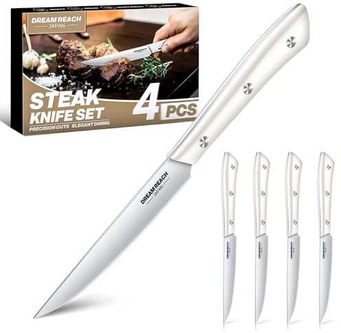 Dream Reach Steakmesser Set 4-Teilig, Extra Scharfes Steakbesteck | Extra Scharf, Full Tang, Spülmaschinengeeignet, Hochwertiger Edelstahl, Geschenk für Papa & Mama, Silberweiß