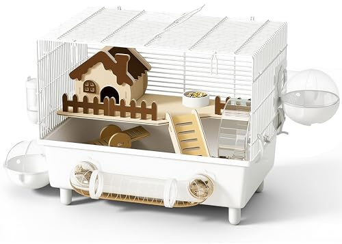 10-in-1 Hamsterkäfig, mit Plattformen, Laufrad, Versteck, Wasserflasche, 2 Badewanne, Wippe, Futternapf, Rohrsystem, kaufester Mauskäfig, Kleintierkäfig (weiß, 47 x 32,5 x 30 cm)