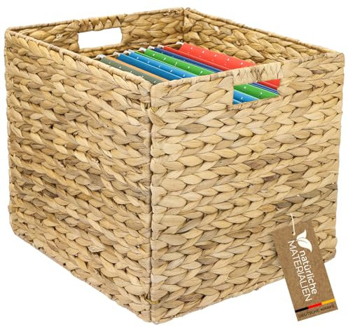 HMF Cesto portaoggetti adatto per Kallax per cartelle sospese DIN A4, cestino intrecciato in giacinto d'acqua, 33 x 38 x 32 cm