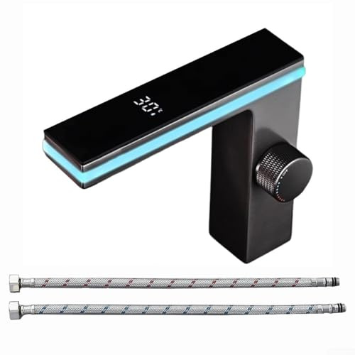 Entgoinggo Robinet de salle de bain intelligent à LED avec affichage numérique de la température et bande lumineuse ambiante pour lavabo mitigeur moderne avec filtre (noir)