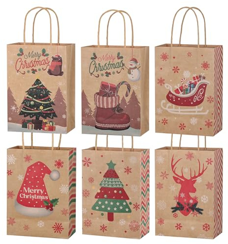 JIANTA Papiertüten Weihnachten, 24 Kraft Geschenktüten Weihnachten Klein | Weihnachtstüten Papier mit Henkel, 21 x 15 x 8 cm für Weihnachtstag Weihnachts Dekoration Geschenken Partybedarf