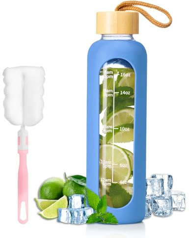 FrutPunch Glass Water Bottle 500ml Suitable for Offices and Gyms, Blue | Sturdy, Leakproof, with time markings, Portable, Holds water, juice, beer, cold coffee, for home, office, school, gym