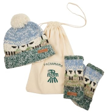 Pachamama Damen Wolle/Mohair passende Beanie mit Bommelmütze und Hand-/Handgelenkwärmer, 2 Stück, Geschenkbeutel-Set, Sherpa-Fleece gefüttert, handgestrickt, Schaf-Design, mehrfarbig, Einheitsgröße