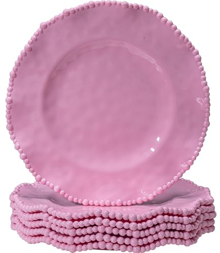 ZAROCRUS Speiseteller-Set mit rosa Perlen, 27,9 cm, unzerbrechlich, Melamin-Teller, 6-teiliges Set, 6-teiliges großes Salatteller-Set, splitterfest, Campinggeschirr