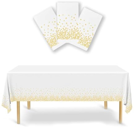 3 Einweg Tischdecken wasserdicht 137x274cm rechteckig weiß-Gold gepunktet | Einweg Folientischdecke für Geburtstag, Hochzeit, Silvester, Abschlussfeier, mit goldenem Punktrand, leicht abwischbar