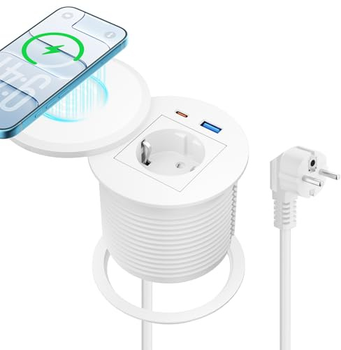 Prise encastrable Plan de Travail avec Charge Qi15 W, USB-C PD 30W, Ø80 mm | Multiprise encastrable avec 1 prise, USB-A QC 18 W, couvercle rotatif anti-poussière, câble 2 m, bureau et cuisine, blanc