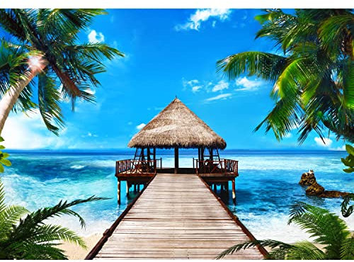 Runa Art Papier Peint panoramique Mer cabane de plage 352 x 250 cm Toison Mur XXL Moderne Décoration Murale Salon Chambre á Coucherr Bureau Salle Vert bleu 9213011b