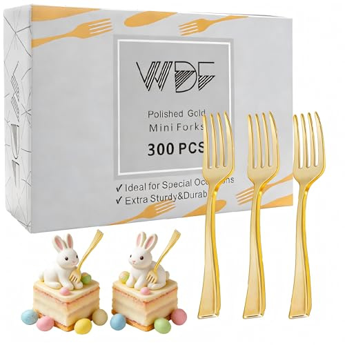 WDF Disposable Plastic Mini Forks 300 Pieces 4 Inches | Mini Gold Forks | Plastic Dessert Forks | Perfect for Small Appetizers and Desserts for Wedding/Party/Birthday