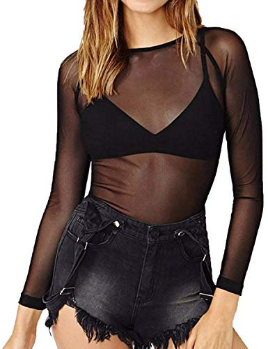 GirlzWalk ® Women Mesh Sheer Long Sleeve Black Top Ladies Sexy Club wear Shirt Transparent Blouse (Black, XXXL/UK 24-26)