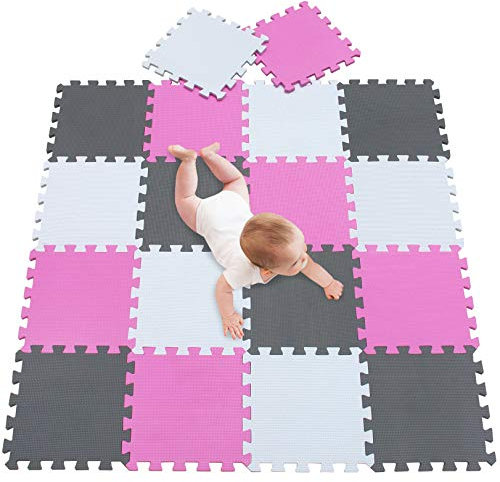 meiqicool Tapis Mousse bébé,Tapis de Jeu 18 pcs Puzzle Tapis Mousse Bébé Puzzle Enfants Tapis Blanc Rose Gris 010312