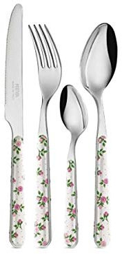 NEVA | BISTROT Roses Collection Set 24 Posate, Set Posate in Acciaio Inox, Lavaggio in Lavastoviglie, Decorazione Indelebile, Micro Rose Rosa